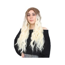 Su Dalgası Uzun Perçemsiz Fiber Sentetik Peruk - Kumral / Platin Ombreli