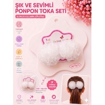 2'li Set Şık Ve Sevimli Simli Tül Ponpon Lastik Saç Tokası - 3 Farklı Seçenek Beyaz