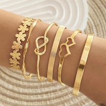 Fosenze Altın Renkli, Ayarı Uçan, Çok Katlı Stackable Bilezik Seti 6 Adet - Kalp, Düğüm, Çiçek Ve "love" Desenleriyle Zengin Tasarım Altın