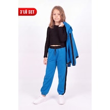 Panios Kids Kız Çocuk Fitilli Crop Ve Şerit Detaylı Eşofman Takımı Seti Sax Mavisi