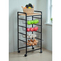 Dekoratif Tekerlekli Metal Sebzelik 4 Tel Sepetli Çam Ahşap Raflı Çok Amaçlı Stand Çok Renkli
