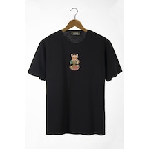 Kadın Siyah Bisiklet Yaka Şef Kedi Baskılı Oversize T-shirt Siyah