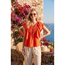 Lela Regular Fit Önden Bağlamalı Volanlı Bayan Bluz 611Fb20064 Oranj