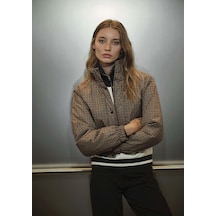 Mavi - Kahverengi Kareli Şişme Mont 1110269-90373 Kahverengi