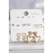 Pirinç Gold Renk Zirkon Taşlı Sallantı Beyaz Sedefli Kalp Model 7 Çift Kadın Küpe Seti Çok Renkli