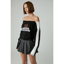Ethıquet Asensıo Kadın Asimetrik Yakalı Şardonsuz Omzu Açık Baskılı Siyah Sweatshirt