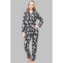 Işılay | Kadın Interlok Siyah Uzun Kollu Kışlık Pijama Takımı Siyah