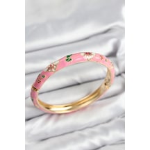 Mineli Pirinç Pembe Çiçek Motifli Gold Kadın Kelepçe Çok Renkli