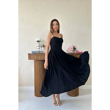 Siyah Göğüs Kuplu Uzun Büzgülü Elbise Siyah