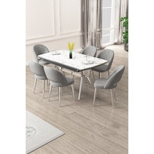 Canisa Weps Serisi 89x150 Açılabilir Lak Panel Beyaz Mermer Krom Ayak Masa Takımı Ve 6 Gri Sandalye Beyaz Mermer Desen Masa Gri Sandalye