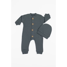 Yalın Bebek Giyim %100 Pamuk Ahşap Düğmeli Fitilli Tarz Şapkalı Bebek Zıbın - Füme