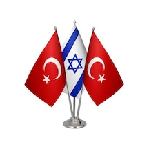 Masa Üstü İsrail Bayrağı Türk Bayrağı Üçlü Krom Direk Masa Bayrak