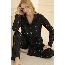 Mihra Kadın Pijama Takımı Uzun Kol Düğmeli Mevsimlik Siyah