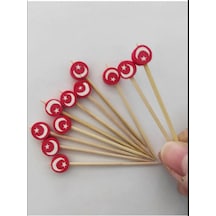 100 Adet Dekoratif Ay Yıldız Boncuklu Pasta Kürdanı 6,5 Cm Milli Bayram