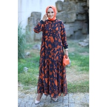 Harman Butik Kadın Astarlı Şifon Desenli Elbise Orange Orange