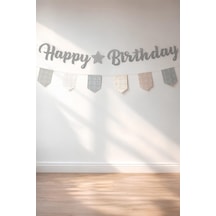 Bohem Happy Birthday Banner Seti Ekose Flama Süslü Doğum Günü Dekorasyon Bannerı Bej