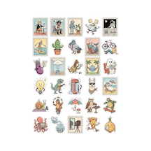30 Adet Retro Eğlenceli Pul Tasarımlı Sticker Seti - Laptop Defter Valiz İçin Çok Renkli