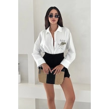 Asprin Fashion Dril Kumaş Paradise Baskılı Taşlı Gömlek Gold Beyaz