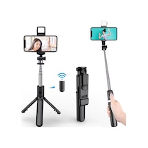 Siyah Renk Işıklı Bluetooth Kumandalı Dikey Ve Yatay Çekim Tripodlu Selfie Çubuğu Öz Çekim Tripodu