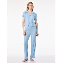 Koton Rahat Kalıp Gömlek Yaka Fitilli Pijama Takımı Mavi 6slk40088mk
