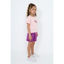 Toontoy Kids Toontoy Kız Çocuk 2'li Takım Baskılı Bisiklet Yaka T-shirt & Beli Lastikli Şort Pudra