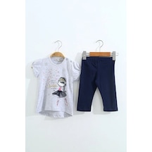 Toontoy Kız Çocuk 2'li Takım Baskılı Bisiklet Yaka T-shirt & Beli Lastikli Kapri Şort Gri