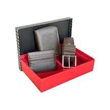 Premium Serisi Özel Kutulu Lüks Deri Dikey Fermuarlı Cüzdan Kemer Ve Kartlık Erkek Seti Kahverengi