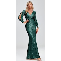 Hanife Glam Couture Hanife Glam Uzun Kollu Kruvaze Yaka Pullu Abiye Elbise Zümrüt