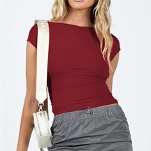 Şarap Kırmızısı Kadın Yaz Backless Kıyafetler Streetwear O-boyun Kısa Kollu Slim Fit Tişörtler Nefes Kırpılmış Üst İki Yolu Giyen Xs-l
