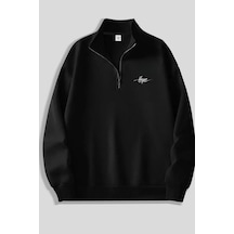Siyah Fermuarlı Dikyaka Sweatshirt- Hope - Kışık Şardonlu Kumaş Siyah