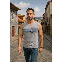 Erkek Yelkenli Baskılı %100 Pamuk Kolsuz T-shirt Gri Melanj