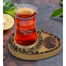 Kişiye Özel Retro Motif Tasarımlı Doğal Ahşap Tabaklı Heybeli Çay Bardağı Sunum Seti Model 6 Çok Renkli