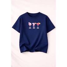 Herkesemoda Summer Baskı Detaylı Kadın Bisiklet Yaka Pamuklu T-shirt Lacivert