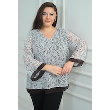 By Saygı Kadın V Yaka Desenli Büyük Beden Şifon Bluz-41830 Kahve