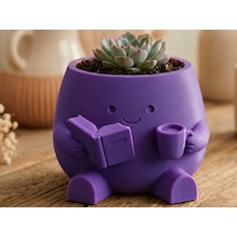 3d Baskı Kitap Okuyan Saksı - Kupa Tutan Sevimli Saksı-mor