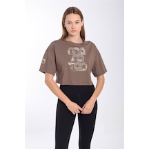 Maraton Sportswear Comfort Kadın Bisiklet Yaka Kısa Kol Basic Kakao Crop Top 20880 Kahverengi