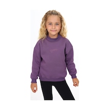 Kız Çocuk Relax Fit Dik Yaka Düşük Omuz Nakış Baskılı Sweatshirt - 3 İplik Şardonlu Mor