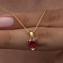 Gümüş Gold Kırmızı Taşlı Kalpli Kadın Kolye Gümüş