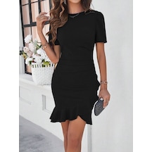 Kadın Kısa Kollu Bisiklet Yaka Önden Fırfırlı Büzgülü Janjan Krep Kısa Elbise Siyah Kadın Kısa Kollu Bisiklet Yaka Önden Fırfırlı Büzgülü Janjan Krep Kısa Elbise Siyah