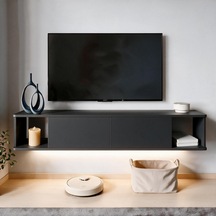 İnarch Dizayn Twist Led Işıklı Duvara Monte Tv Sehpası - 2 Kapaklı Antrasit