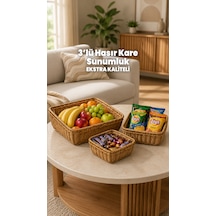 3'lü Kare Hasır Sunumluk Sepet Badya Leğen Tabak Kase - Masaüstü Organizer Rattan Sunum Meyvelik - Ekstra Kaliteli Çelik Rattan 26 X 26