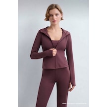 Soft&Basic Fit Yumuşak Dokulu Fermuarlı Kapüşonlu Cepli Parmak Geçirmeli Detaylı Hırka Bordo