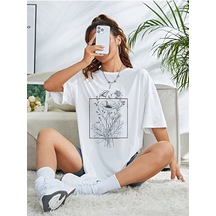 Floral Desen T-shirt - Beyaz Baskılı Oversize Bisiklet Yaka Kısa Kol Tişört Beyaz