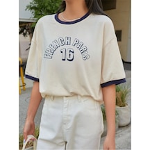 French Paris Parçalı Süprem T-shirt - Bej Lacivert Oversize Bisiklet Yaka Kısa Kol Tişört Bej Lacivert-72531