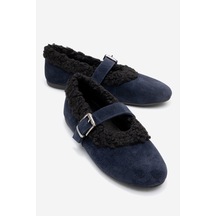 Luvishoes Luvi Shoes Guın Lacivert Süet Hakiki Deri Peluş Detaylı Kemerli Kadın Babet Ayakkabı Lacivert