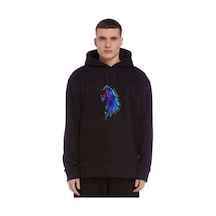 Howling Wolf Baskılı Siyah Erkek Örme Kapşonlu Sweatshirt
