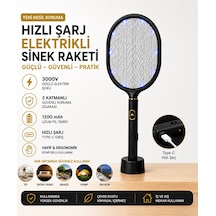 Dijital Ekranlı Şarjlı Sinek Raketi Usb Type-c Elektrikli Standlı El Tipi Mor Işıklı Sivrisinek Öldürücü Black
