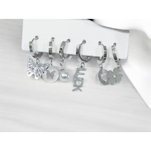 Kadın Çelik Luck Detaylı 6 Adet Küpe Set Gümüş Renk Çelik