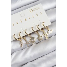 Pirinç Zirkon Taşlı İstiridye Balina Ve Yıldız Gold Renk 6'lı Küpe Set - Tj-bkp11203 Çok Renkli