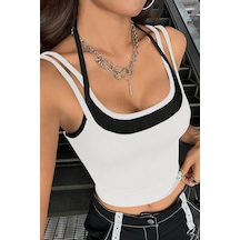 Epilons Zenvial Kadın Siyah Beyaz Çift Renk Çapraz Askılı Crop Top Bluz Zenviall2